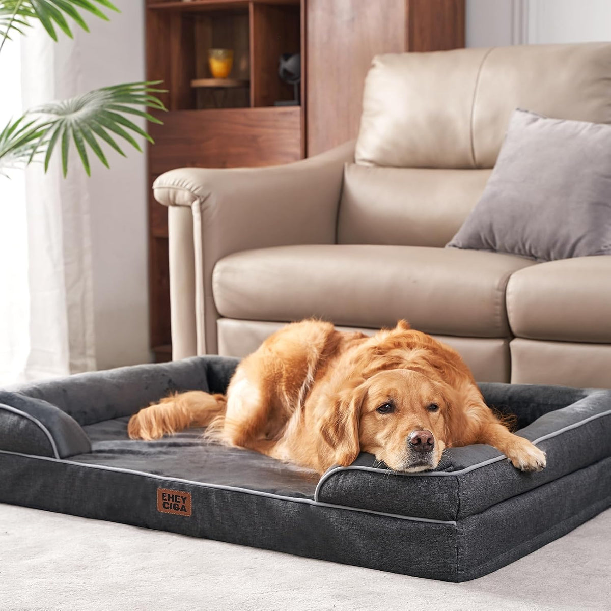 Orthopedic Extra Large Dog Bed, Waterproof Washable XL Pet Bed 44" | Non-Slip Bottom and Egg-Crate Polyurethane Foam Big Dog Couch Bed with Washable Removable Cover, Grey