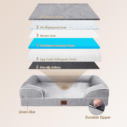 Orthopedic Extra Large Dog Bed, Waterproof Washable XL Pet Bed 44" | Non-Slip Bottom and Egg-Crate Polyurethane Foam Big Dog Couch Bed with Washable Removable Cover, Grey