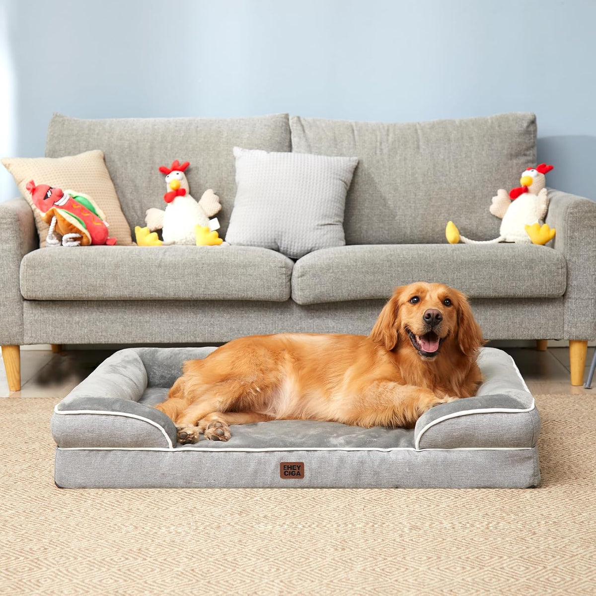 Orthopedic Extra Large Dog Bed, Waterproof Washable XL Pet Bed 44" | Non-Slip Bottom and Egg-Crate Polyurethane Foam Big Dog Couch Bed with Washable Removable Cover, Grey