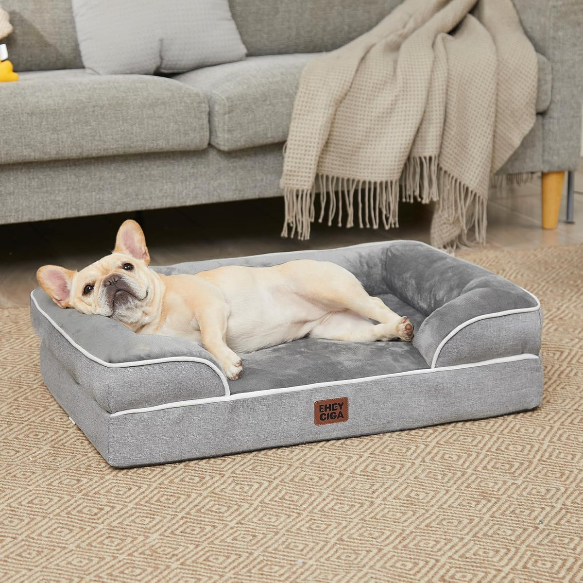 Orthopedic Extra Large Dog Bed, Waterproof Washable XL Pet Bed 44" | Non-Slip Bottom and Egg-Crate Polyurethane Foam Big Dog Couch Bed with Washable Removable Cover, Grey