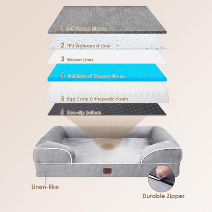 Orthopedic Extra Large Dog Bed, Waterproof Washable XL Pet Bed 44" | Non-Slip Bottom and Egg-Crate Polyurethane Foam Big Dog Couch Bed with Washable Removable Cover, Grey