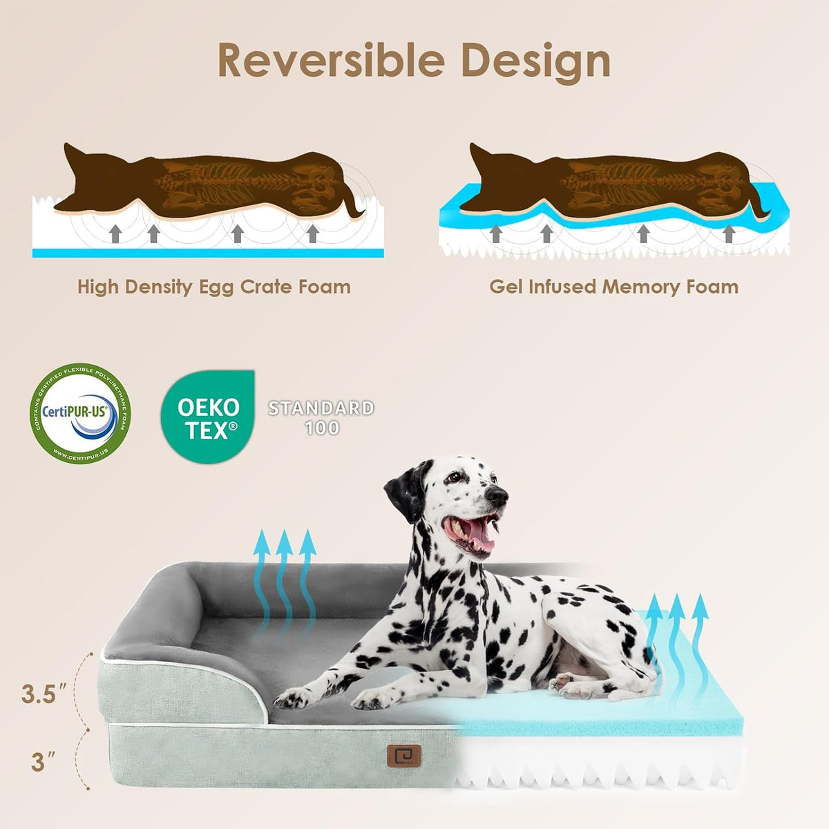 Orthopedic Extra Large Dog Bed, Waterproof Washable XL Pet Bed 44" | Non-Slip Bottom and Egg-Crate Polyurethane Foam Big Dog Couch Bed with Washable Removable Cover, Grey
