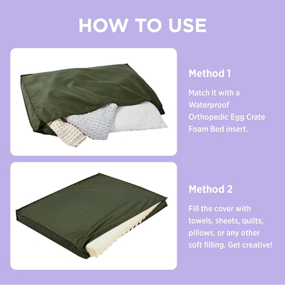 Waterproof Dog Bed Cover Replacement, Large 36x27x3in, Green | 100% Oxford Fabric, For Outdoor and Indoor Use, Machine Washable, Custom Fit for Dog or Cat Pet Mats, Easy Care