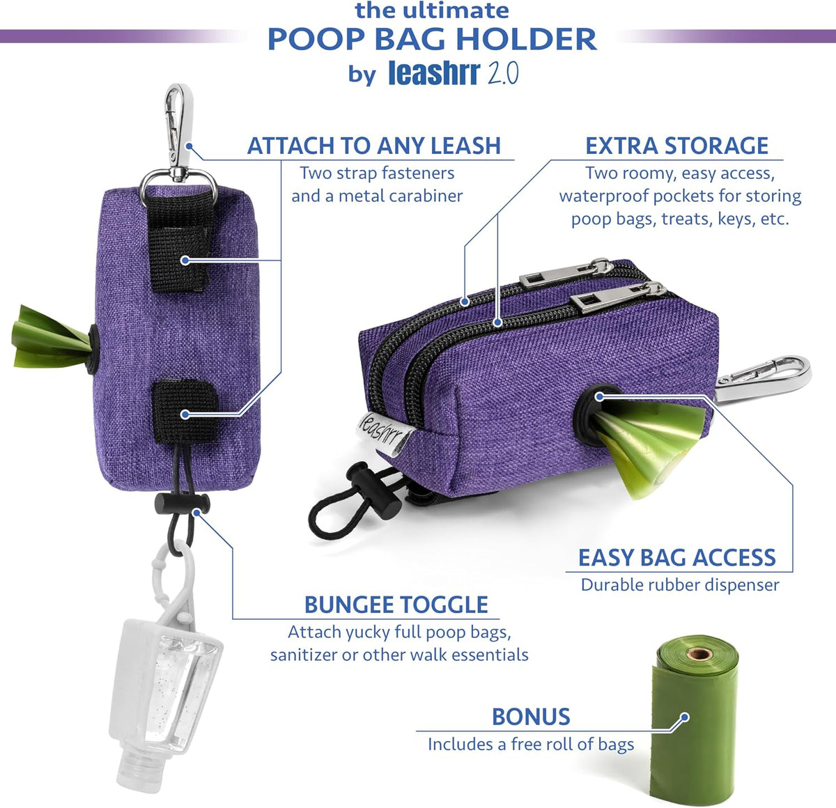 Dog Poop Bag Holder for Leashes and Treat Holder with 2 Waterproof Pouches | Poop Bag Dispenser for Pet Waste Bags and Walking Accessories + 1 Free Roll