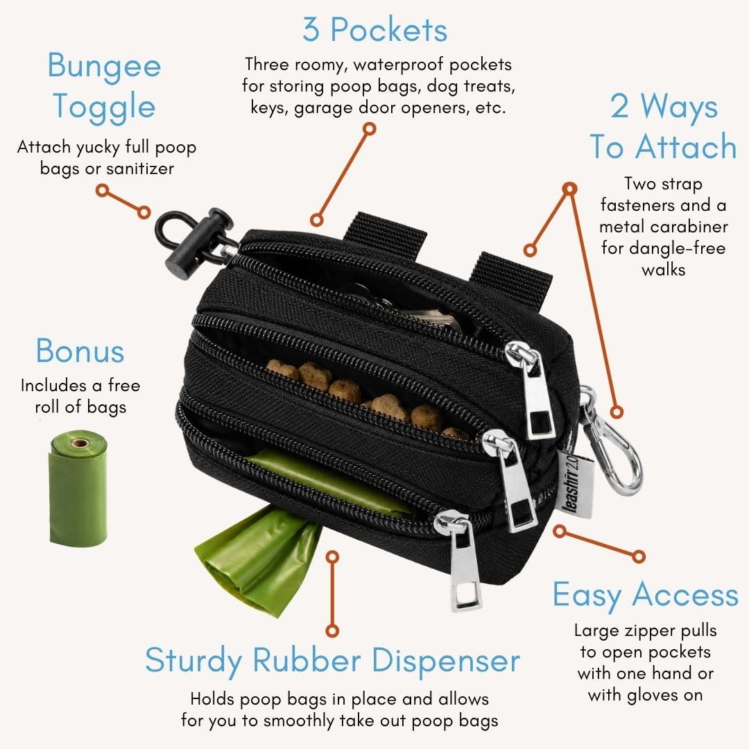 Dog Poop Bag Holder for Leashes and Treat Holder with 2 Waterproof Pouches | Poop Bag Dispenser for Pet Waste Bags and Walking Accessories + 1 Free Roll