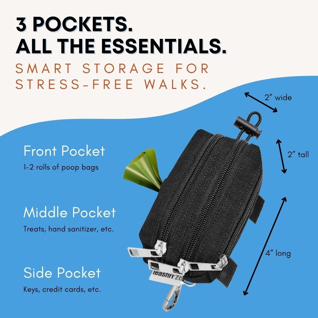 Dog Poop Bag Holder for Leashes and Treat Holder with 2 Waterproof Pouches | Poop Bag Dispenser for Pet Waste Bags and Walking Accessories + 1 Free Roll