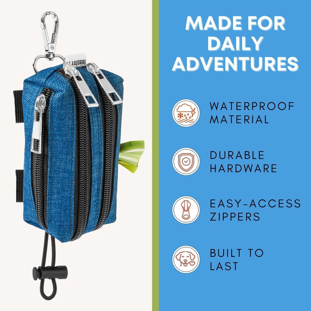 Dog Poop Bag Holder for Leashes and Treat Holder with 2 Waterproof Pouches | Poop Bag Dispenser for Pet Waste Bags and Walking Accessories + 1 Free Roll