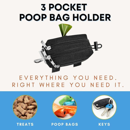 Dog Poop Bag Holder for Leashes and Treat Holder with 2 Waterproof Pouches | Poop Bag Dispenser for Pet Waste Bags and Walking Accessories + 1 Free Roll