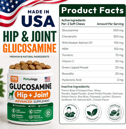 Glucosamine for Dogs, 170 Chews, Hip and Joint Supplement for Dogs