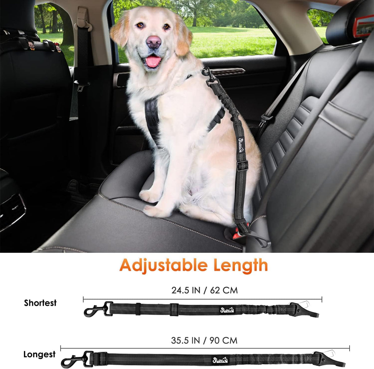 Dog Car Seat Belt, 3 in 1 Latch Bar Attachment Dog Safety Seatbelt | Hook Latch Bar& Seatbelt Buckle, Reflective, Heavy Duty Nylon, Durability, Easy of Use, for Travel Riding, Black, 27.5"