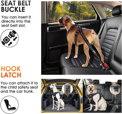 Dog Car Seat Belt, 3 in 1 Latch Bar Attachment Dog Safety Seatbelt | Hook Latch Bar& Seatbelt Buckle, Reflective, Heavy Duty Nylon, Durability, Easy of Use, for Travel Riding, Black, 27.5"