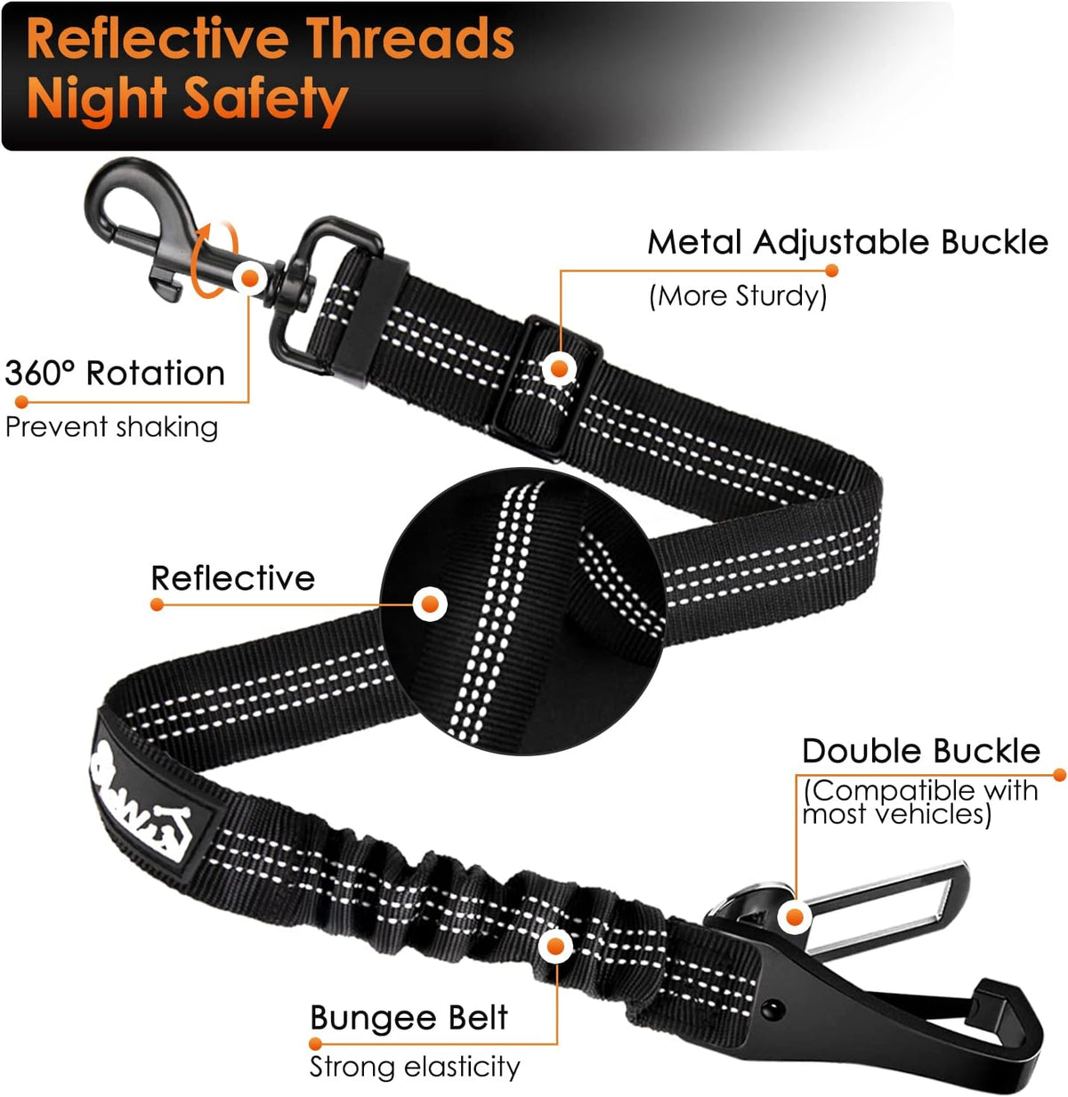 Dog Car Seat Belt, 3 in 1 Latch Bar Attachment Dog Safety Seatbelt | Hook Latch Bar& Seatbelt Buckle, Reflective, Heavy Duty Nylon, Durability, Easy of Use, for Travel Riding, Black, 27.5"