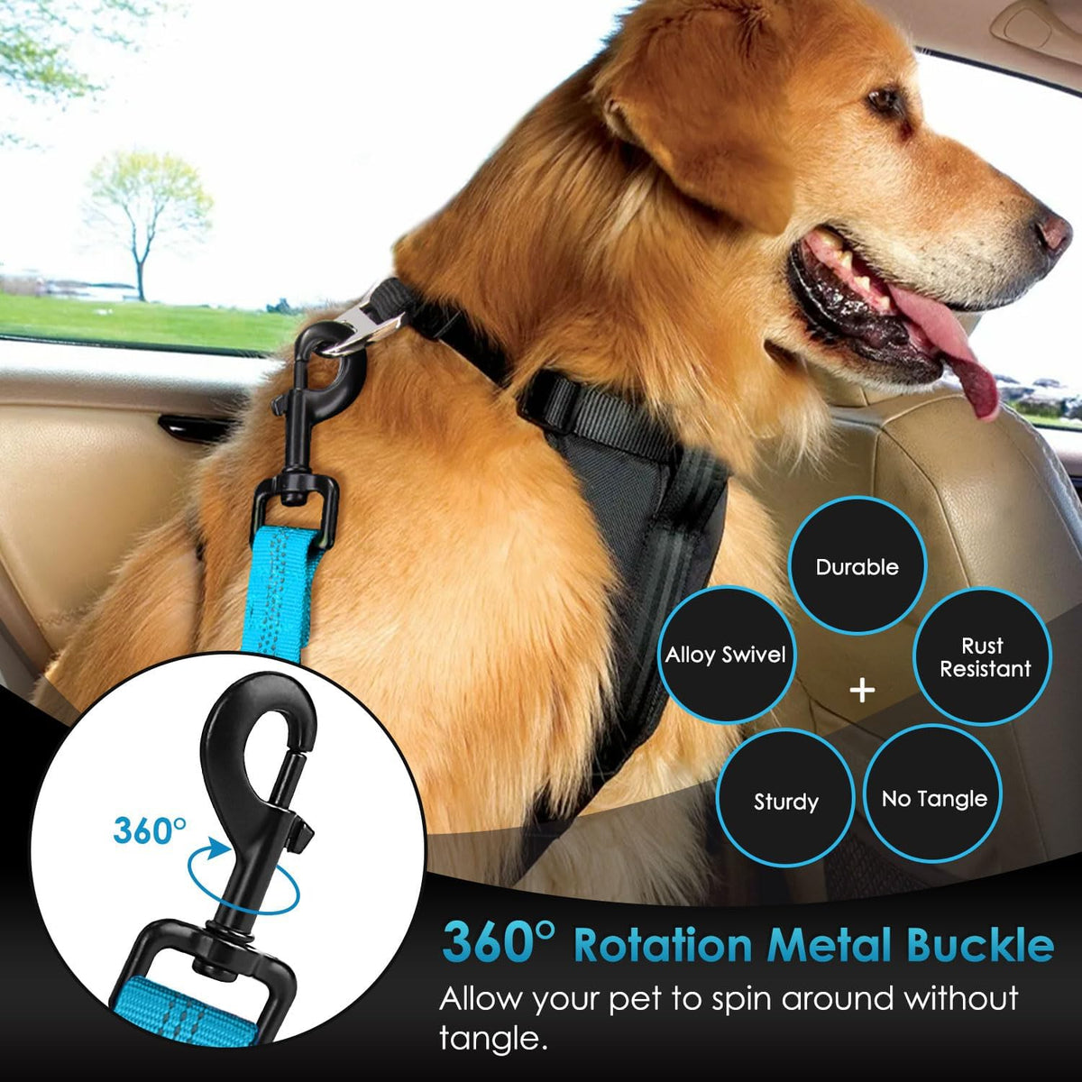 Dog Car Seat Belt, 3 in 1 Latch Bar Attachment Dog Safety Seatbelt | Hook Latch Bar& Seatbelt Buckle, Reflective, Heavy Duty Nylon, Durability, Easy of Use, for Travel Riding, Black, 27.5"