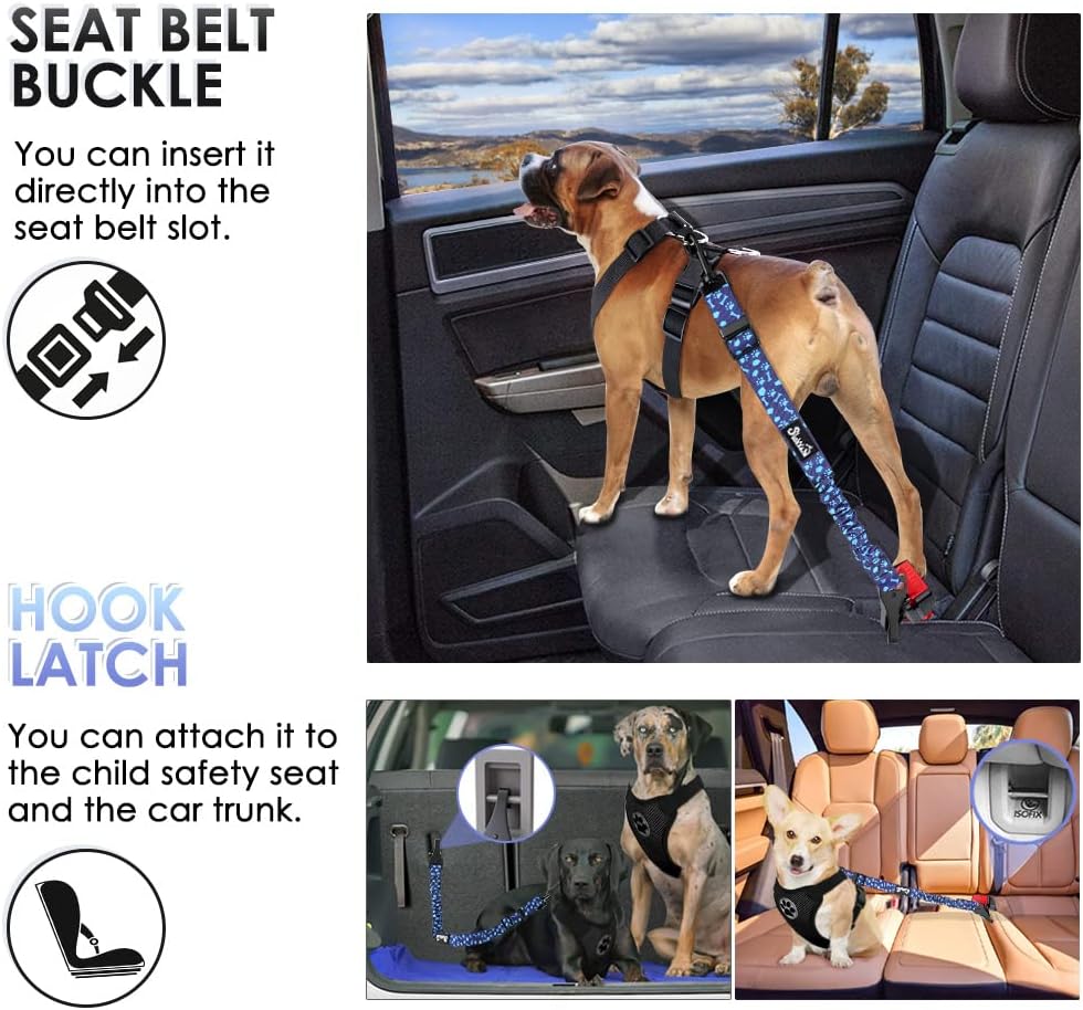 Dog Car Seat Belt, 3 in 1 Latch Bar Attachment Dog Safety Seatbelt | Hook Latch Bar& Seatbelt Buckle, Reflective, Heavy Duty Nylon, Durability, Easy of Use, for Travel Riding, Black, 27.5"