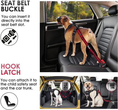 Dog Car Seat Belt, 3 in 1 Latch Bar Attachment Dog Safety Seatbelt | Hook Latch Bar& Seatbelt Buckle, Reflective, Heavy Duty Nylon, Durability, Easy of Use, for Travel Riding, Black, 27.5"