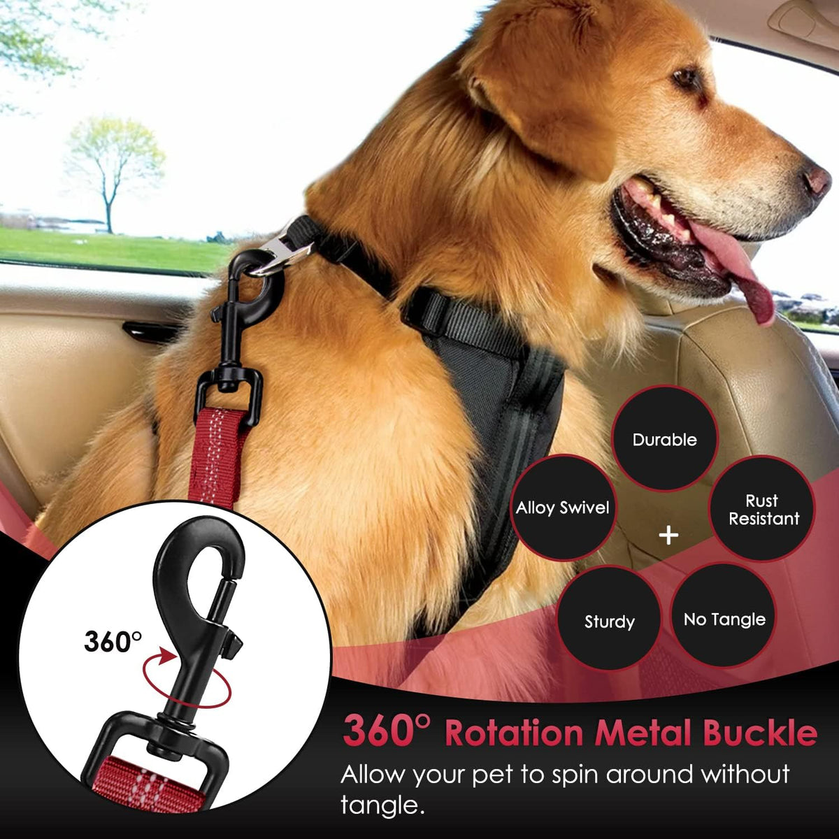 Dog Car Seat Belt, 3 in 1 Latch Bar Attachment Dog Safety Seatbelt | Hook Latch Bar& Seatbelt Buckle, Reflective, Heavy Duty Nylon, Durability, Easy of Use, for Travel Riding, Black, 27.5"