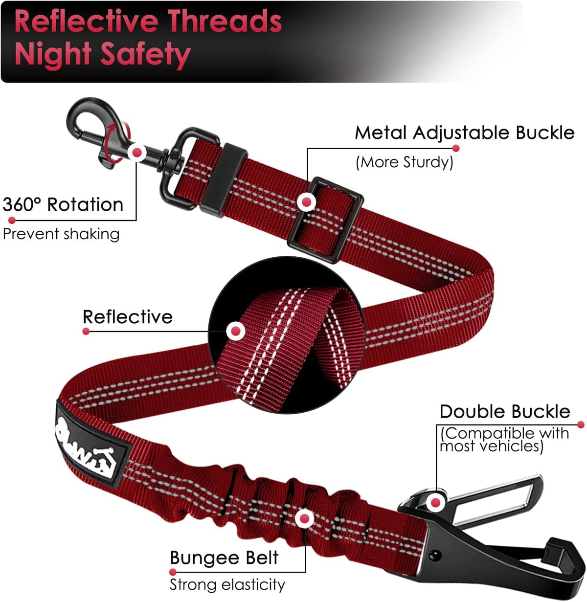 Dog Car Seat Belt, 3 in 1 Latch Bar Attachment Dog Safety Seatbelt | Hook Latch Bar& Seatbelt Buckle, Reflective, Heavy Duty Nylon, Durability, Easy of Use, for Travel Riding, Black, 27.5"