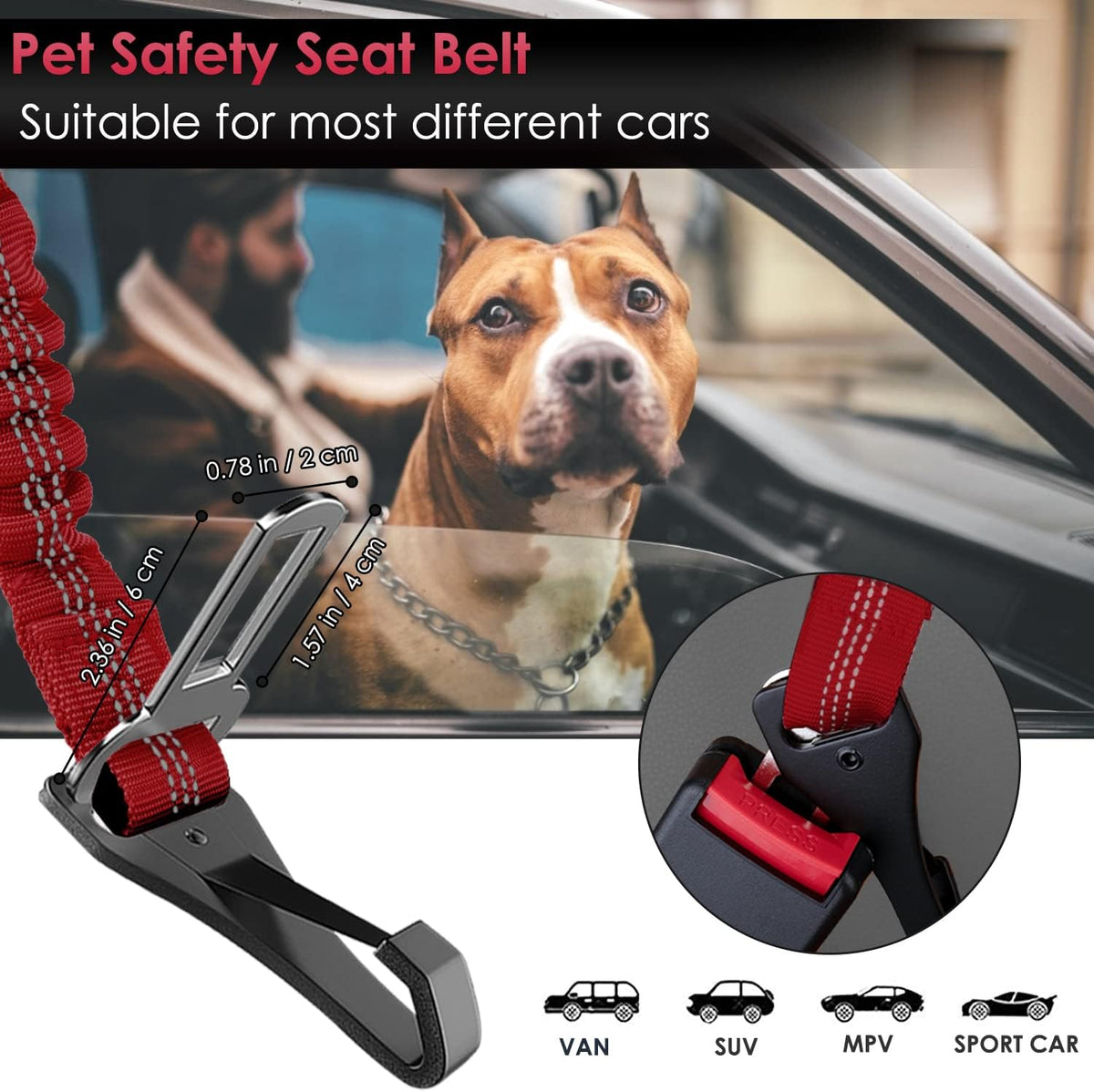 Dog Car Seat Belt, 3 in 1 Latch Bar Attachment Dog Safety Seatbelt | Hook Latch Bar& Seatbelt Buckle, Reflective, Heavy Duty Nylon, Durability, Easy of Use, for Travel Riding, Black, 27.5"