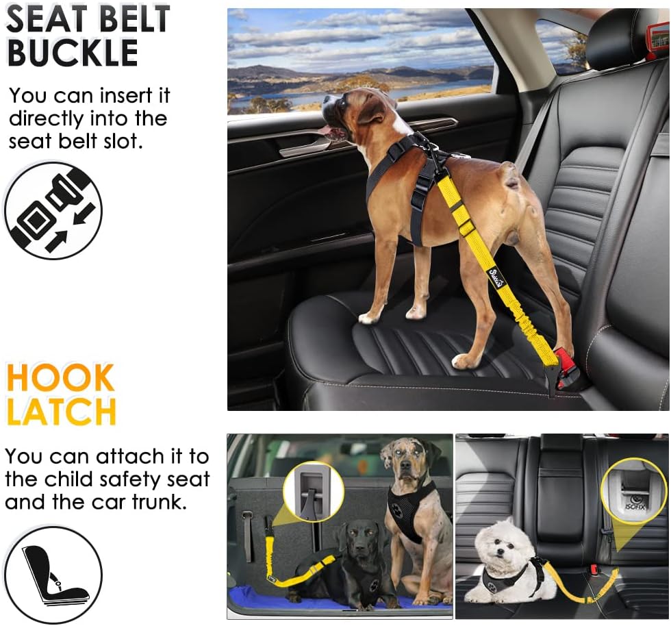 Dog Car Seat Belt, 3 in 1 Latch Bar Attachment Dog Safety Seatbelt | Hook Latch Bar& Seatbelt Buckle, Reflective, Heavy Duty Nylon, Durability, Easy of Use, for Travel Riding, Black, 27.5"