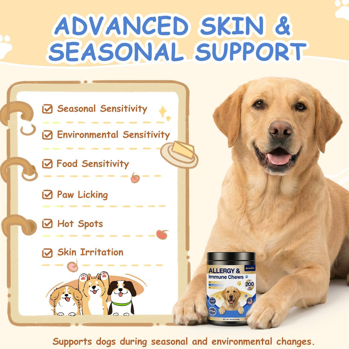 Dog Allergy Chews, Itchy Skin & Paw Licking Support, 200 Soft Chews