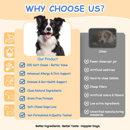 Dog Allergy Chews, Itchy Skin & Paw Licking Support, 200 Soft Chews