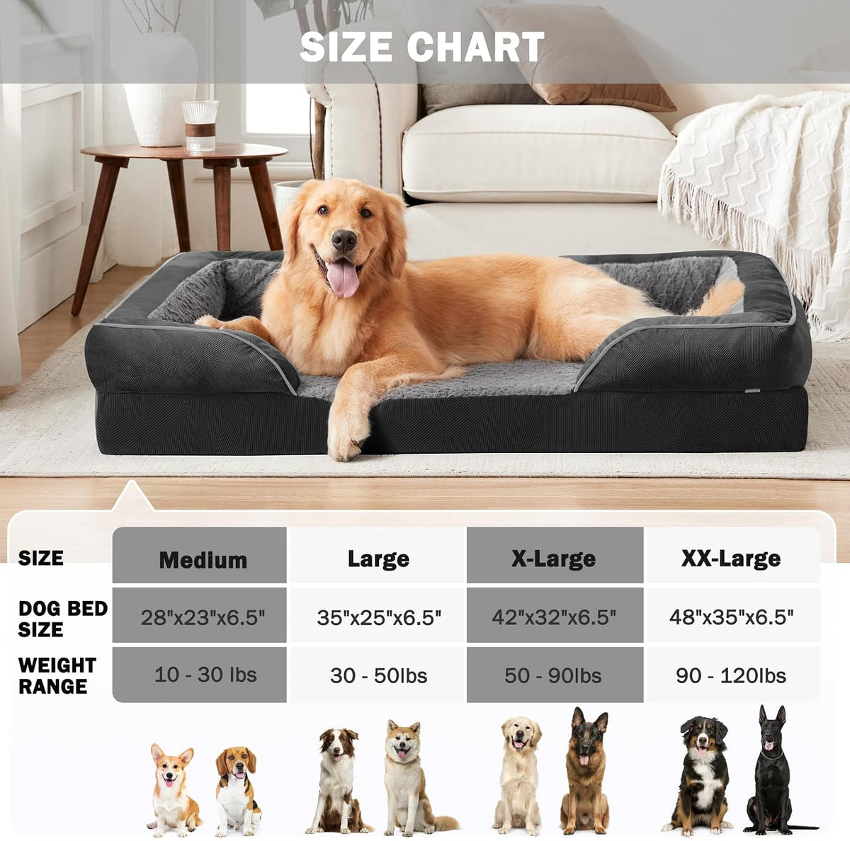 Orthopedic Dog Beds Large Sized, XL Washable Dog Sofa with Egg-Crate Foam, Waterproof Lining and Non-Skid Bottom