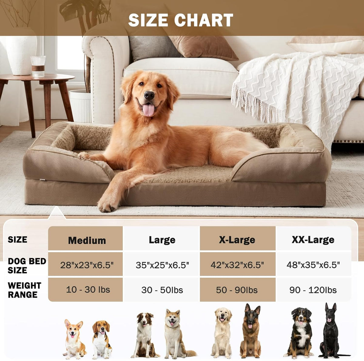 Orthopedic Dog Beds Large Sized, XL Washable Dog Sofa with Egg-Crate Foam, Waterproof Lining and Non-Skid Bottom