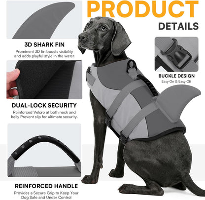 Dog Life Jacket, Cute Shark Dog Life Vest for Swimming & Boating