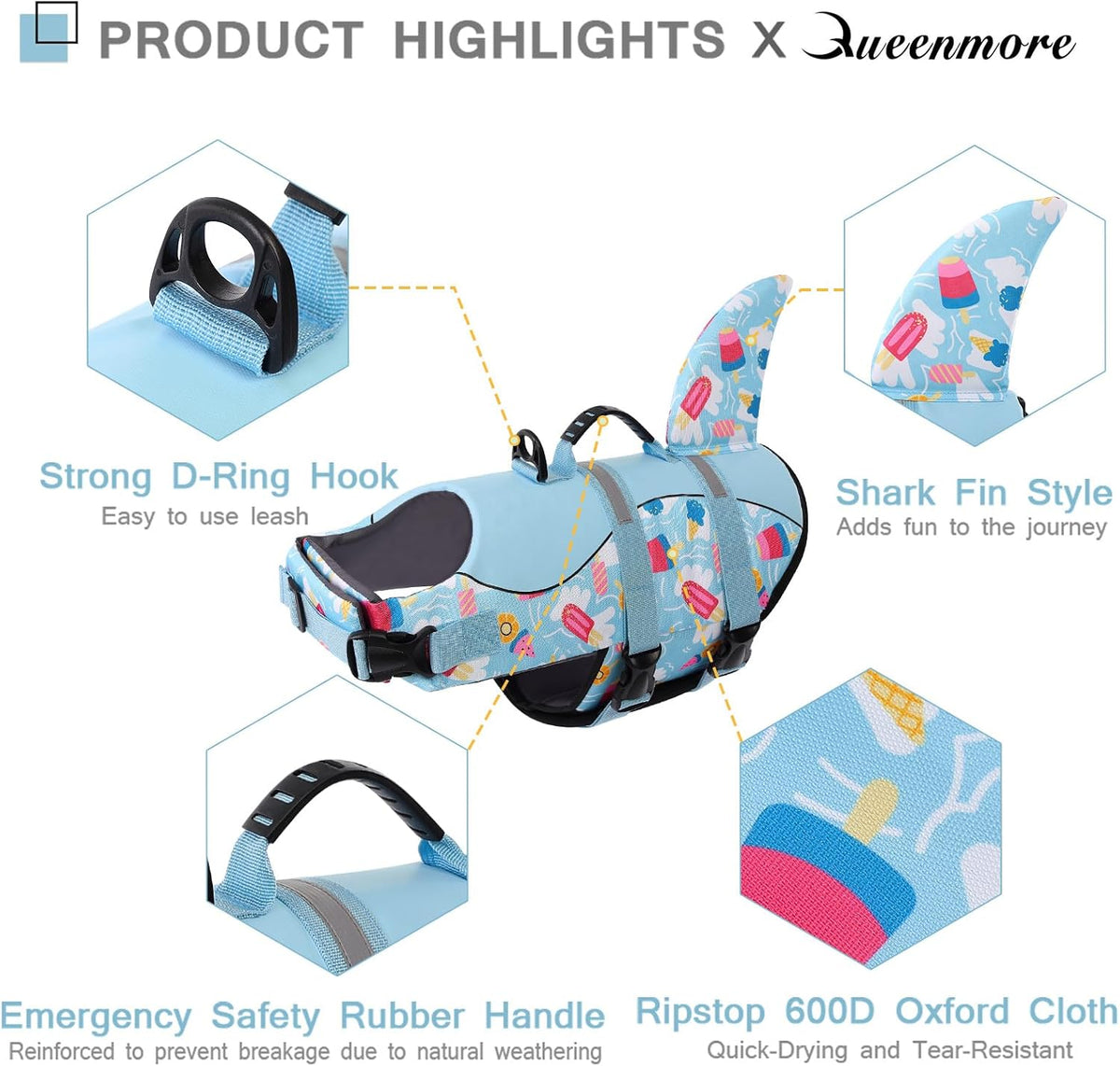 Dog Life Jacket, Cute Shark Dog Life Vest for Swimming & Boating