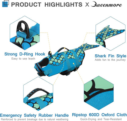 Dog Life Jacket, Cute Shark Dog Life Vest for Swimming & Boating