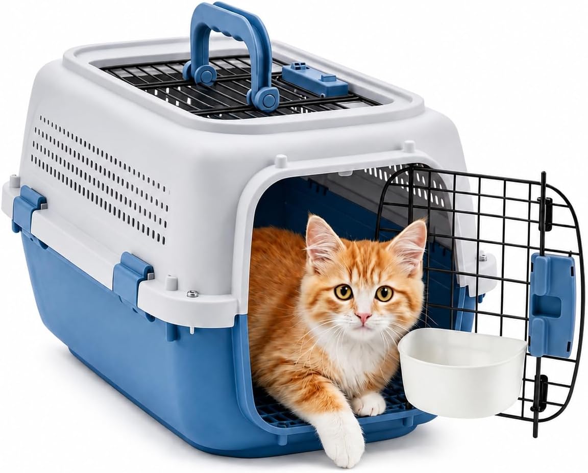 23" Airline Approved Cat Carrier Hard Shell, Dual-Entry Pet Carrier with Top & Front Doors, Detachable Food Bowl & Secure Lock, Breathable Dog Carrier for Cats & Small Dogs Up to 22 lbs - Blue