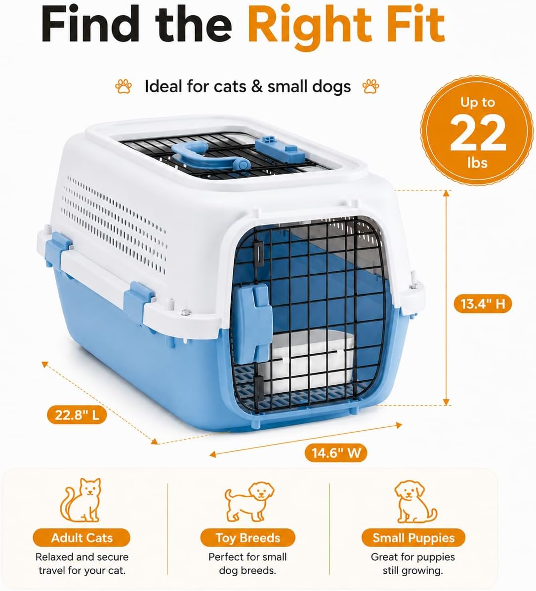 23" Airline Approved Cat Carrier Hard Shell, Dual-Entry Pet Carrier with Top & Front Doors, Detachable Food Bowl & Secure Lock, Breathable Dog Carrier for Cats & Small Dogs Up to 22 lbs - Blue