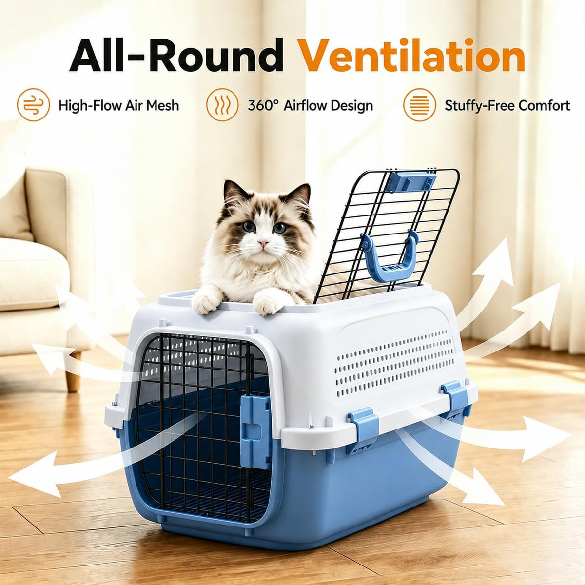 23" Airline Approved Cat Carrier Hard Shell, Dual-Entry Pet Carrier with Top & Front Doors, Detachable Food Bowl & Secure Lock, Breathable Dog Carrier for Cats & Small Dogs Up to 22 lbs - Blue