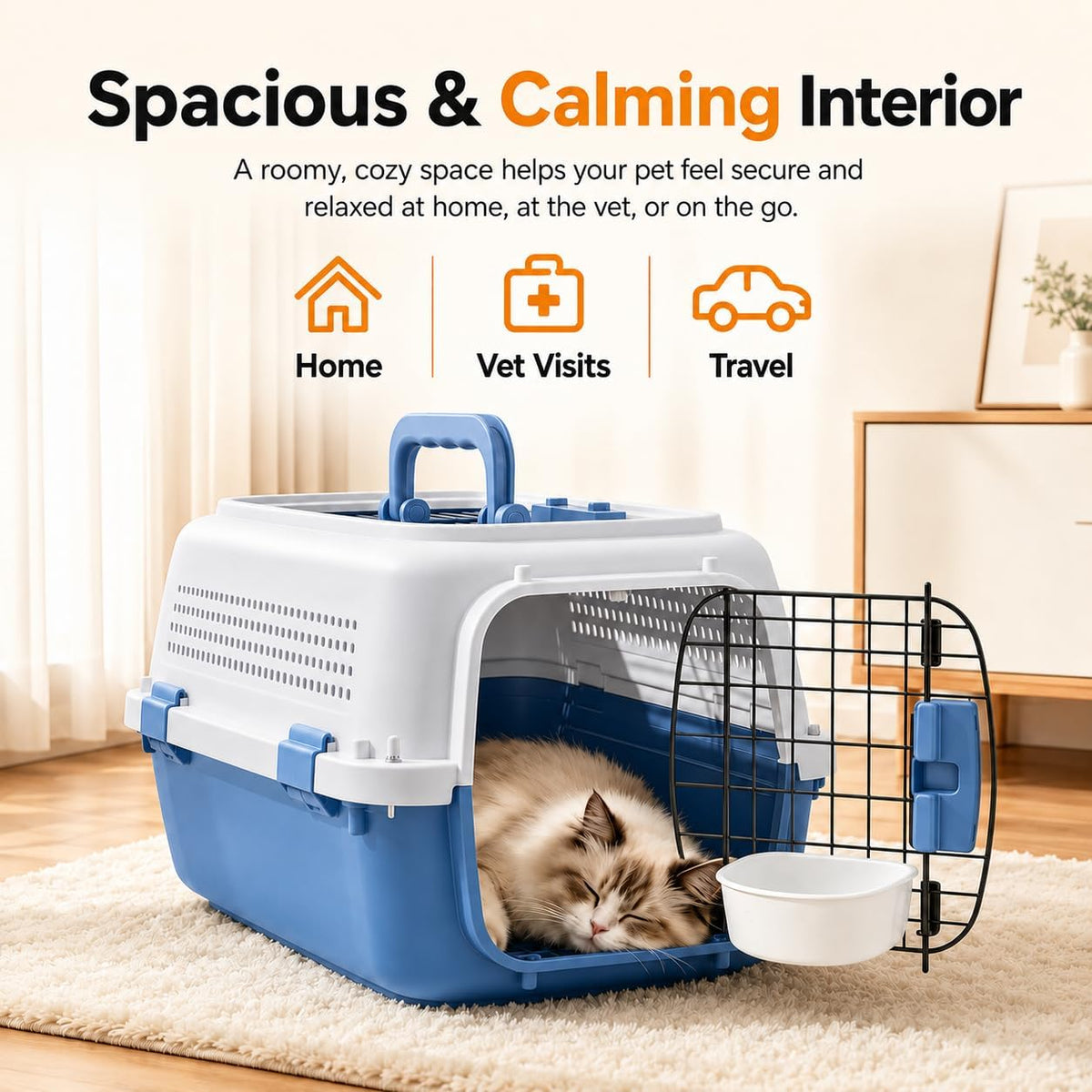 23" Airline Approved Cat Carrier Hard Shell, Dual-Entry Pet Carrier with Top & Front Doors, Detachable Food Bowl & Secure Lock, Breathable Dog Carrier for Cats & Small Dogs Up to 22 lbs - Blue