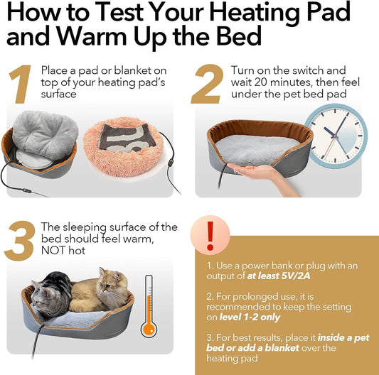 2-in-1 Round Pet Heating Pad Large 14"x14" with Washable Cover - Heated Bed Warmer Insert & Standalone Mat for Large Cats Medium Dogs - USB Powered 5 Temps Timer Auto Shut-Off - Indoor Outdoor