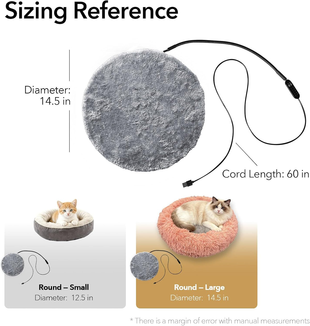 2-in-1 Round Pet Heating Pad Large 14"x14" with Washable Cover - Heated Bed Warmer Insert & Standalone Mat for Large Cats Medium Dogs - USB Powered 5 Temps Timer Auto Shut-Off - Indoor Outdoor