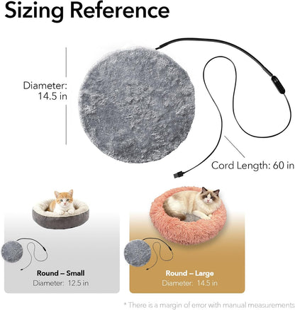 2-in-1 Round Pet Heating Pad Large 14"x14" with Washable Cover - Heated Bed Warmer Insert & Standalone Mat for Large Cats Medium Dogs - USB Powered 5 Temps Timer Auto Shut-Off - Indoor Outdoor