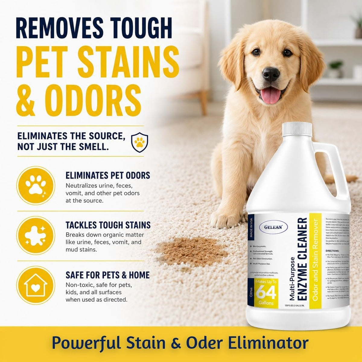 Enzymatic Cleaner Multi-Purpose Enzyme Cleaner for Dog Urine and Poop Carpet | Cat Pee Odor eliminator Pet Urine Enzyme Drain Cleaner | Floors, Carpets, Laundry, Bathrooms, Trash Can Deodorizer, 128oz
