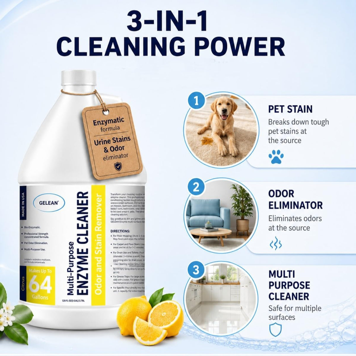 Enzymatic Cleaner Multi-Purpose Enzyme Cleaner for Dog Urine and Poop Carpet | Cat Pee Odor eliminator Pet Urine Enzyme Drain Cleaner | Floors, Carpets, Laundry, Bathrooms, Trash Can Deodorizer, 128oz