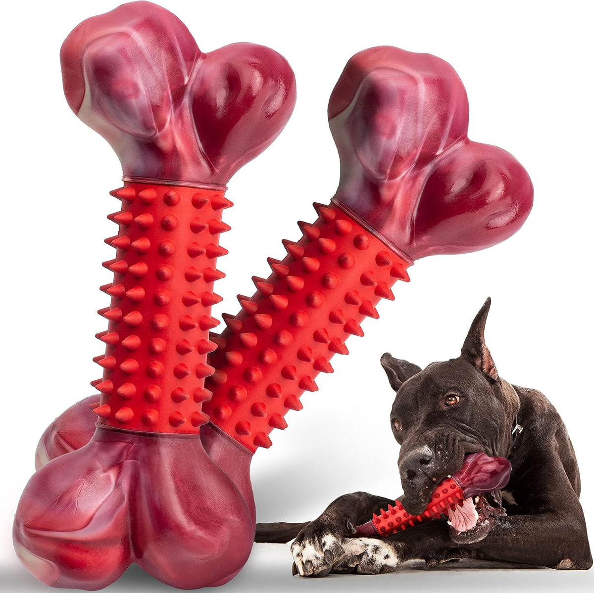 Tough Dog Toys for Aggressive Chewers: Beef Flavored Long Lasting Dog Bones for Large Dogs, Indestructible Dog Chew Toys to Keep Them Busy, Large Dog Toys for Medium & Large Breed, Red