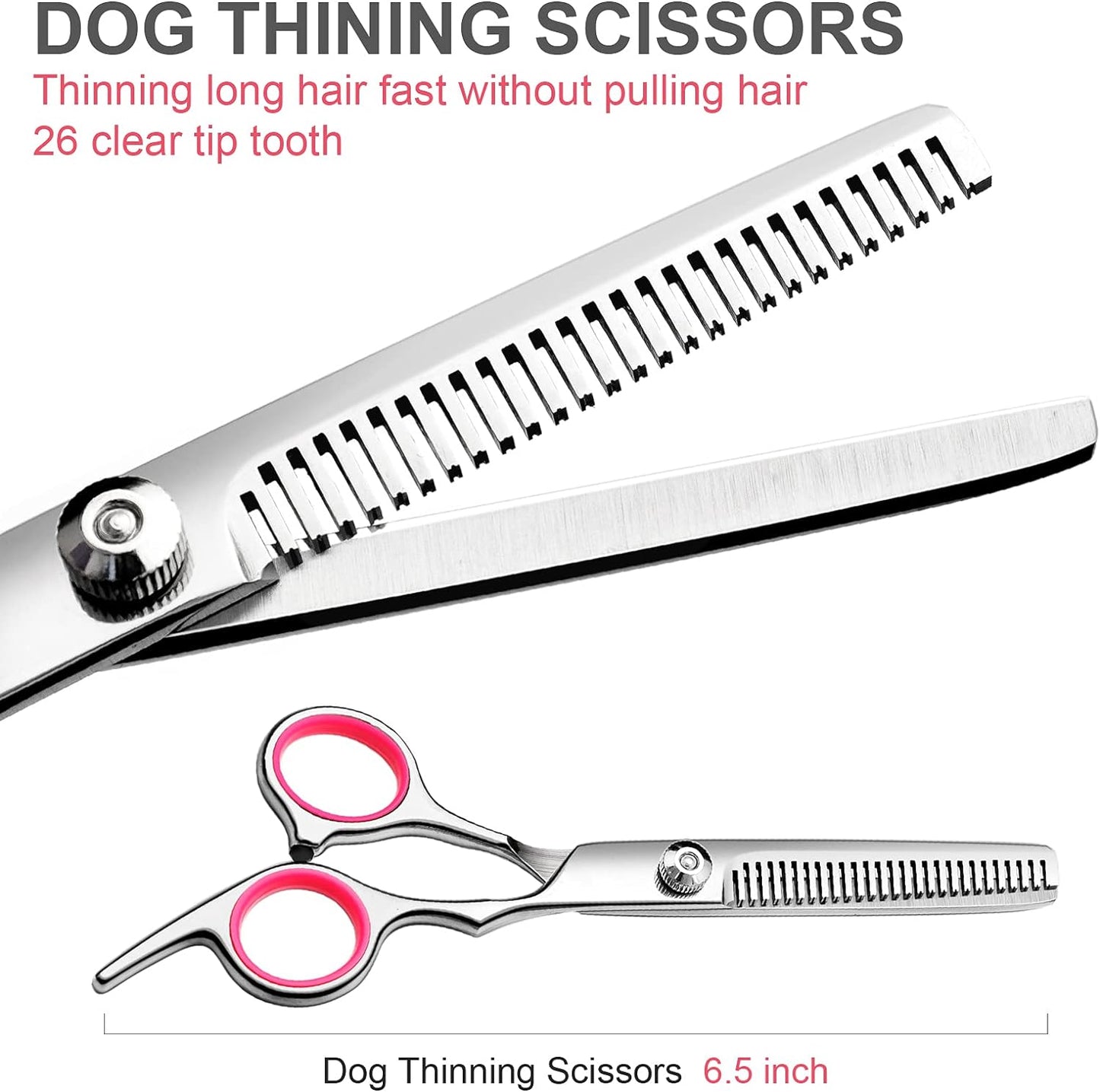 FAIGEO Dog Grooming Scissors with Safety Round Tips Stainless Steel Professional Dog Grooming Kit - Thinning, Curved Scissors and Comb for Cat Pet (Pink 4 in 1)