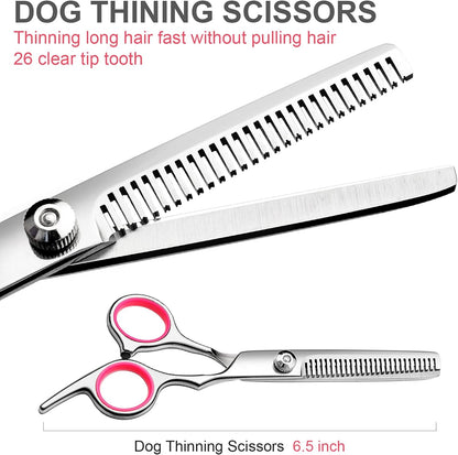 FAIGEO Dog Grooming Scissors with Safety Round Tips Stainless Steel Professional Dog Grooming Kit - Thinning, Curved Scissors and Comb for Cat Pet (Pink 4 in 1)