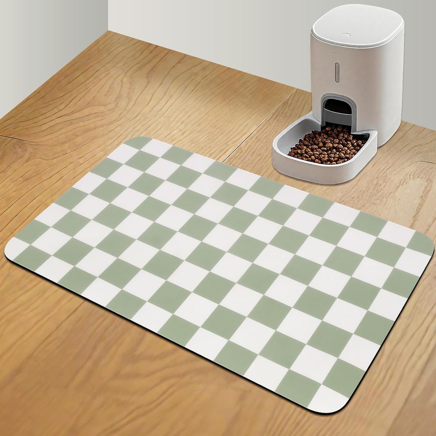 CooRug Checkered Dog Food Mat, Absorbent Leak-Proof Pet Feeding Mat, Quick Dry Cat Food Mat for Messy Drinkers 12" x 20" Khaki