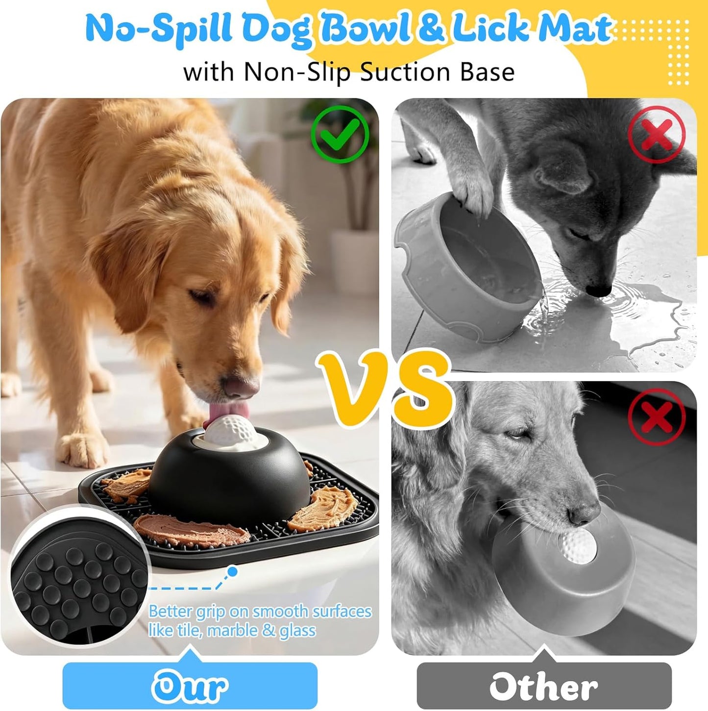 Slow Feeder Dog Bowls & Lick Mat for Liquid and Thick Treat, Anti-Slip Dog Lick Bowl with Interactive Rolling Ball, 5/6 Cup Pup Licking Toy for Large Medium Small Dogs and Cats Blue