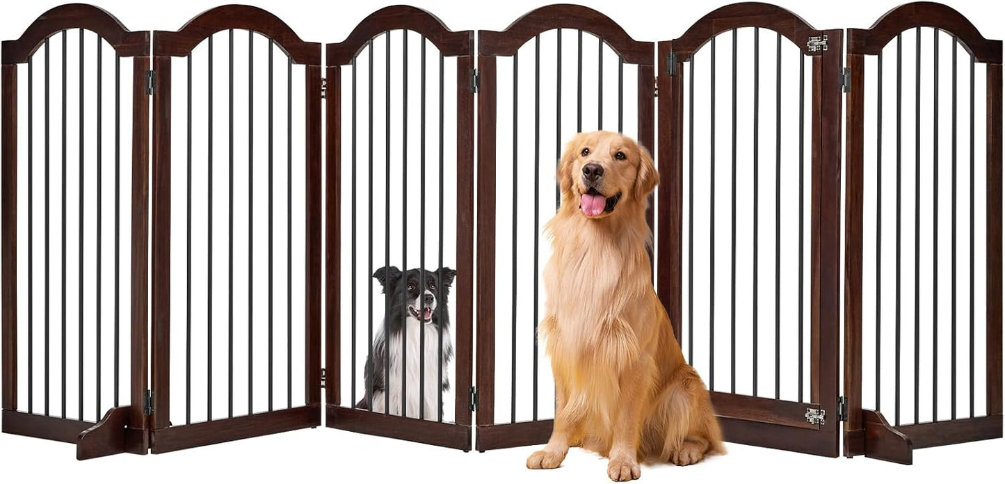 PrimeZone 144" Extra Wide Dog Gate - 36" Tall 6-Panel Solid Acacia Wooden Freestanding Puppy Gates with Door, Foldable Indoor Pet Fence for Doorways, Stairs, Support Feet Included, Brown