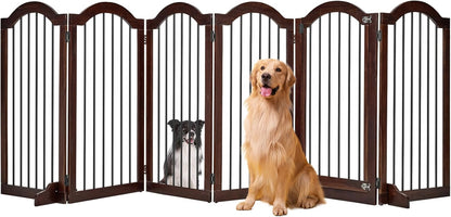 PrimeZone 144" Extra Wide Dog Gate - 36" Tall 6-Panel Solid Acacia Wooden Freestanding Puppy Gates with Door, Foldable Indoor Pet Fence for Doorways, Stairs, Support Feet Included, Brown