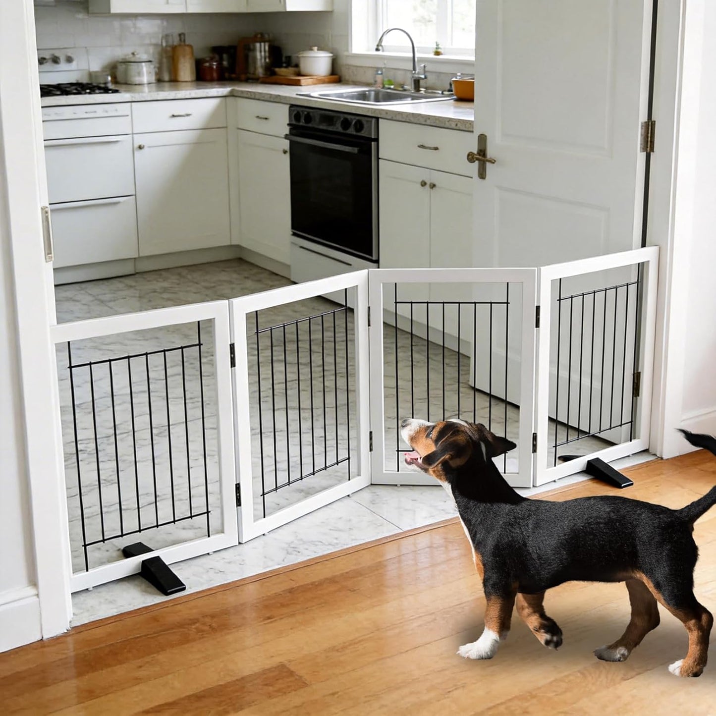 ZJSF Freestanding Dog Gate Indoor, Foldable Dog Fence for Doorways,Hallways or Stairs, Sturdy Wood Extra Wide Pet Gate with Support Feet,Black,24 "Height-3 Panels