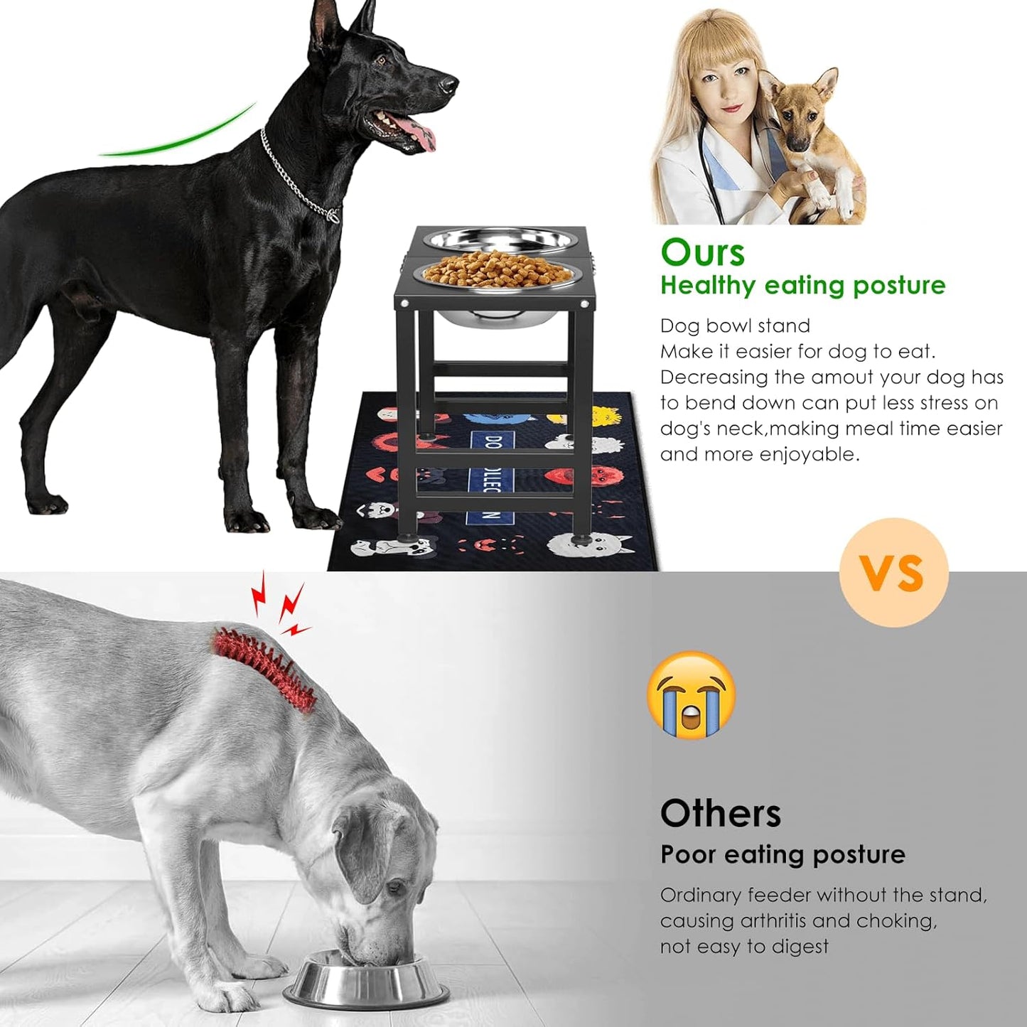 ADENGL Metal Raised Dog Bowl, 10" Tall Elevate Dog Feeder Stand with 2 Stainless Steel 42oz Bowls & 16x24 Non-Slip Mat – Stronger Dogs Food & Water Bowl Stand (Black)