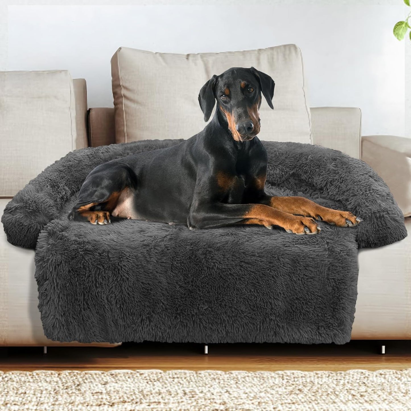 Calming Dog Bed Fluffy Plush Dog Mat for Furniture Protector with Removable Washable Cover for Large Medium Small Dogs and Cats (Large, Light Grey)