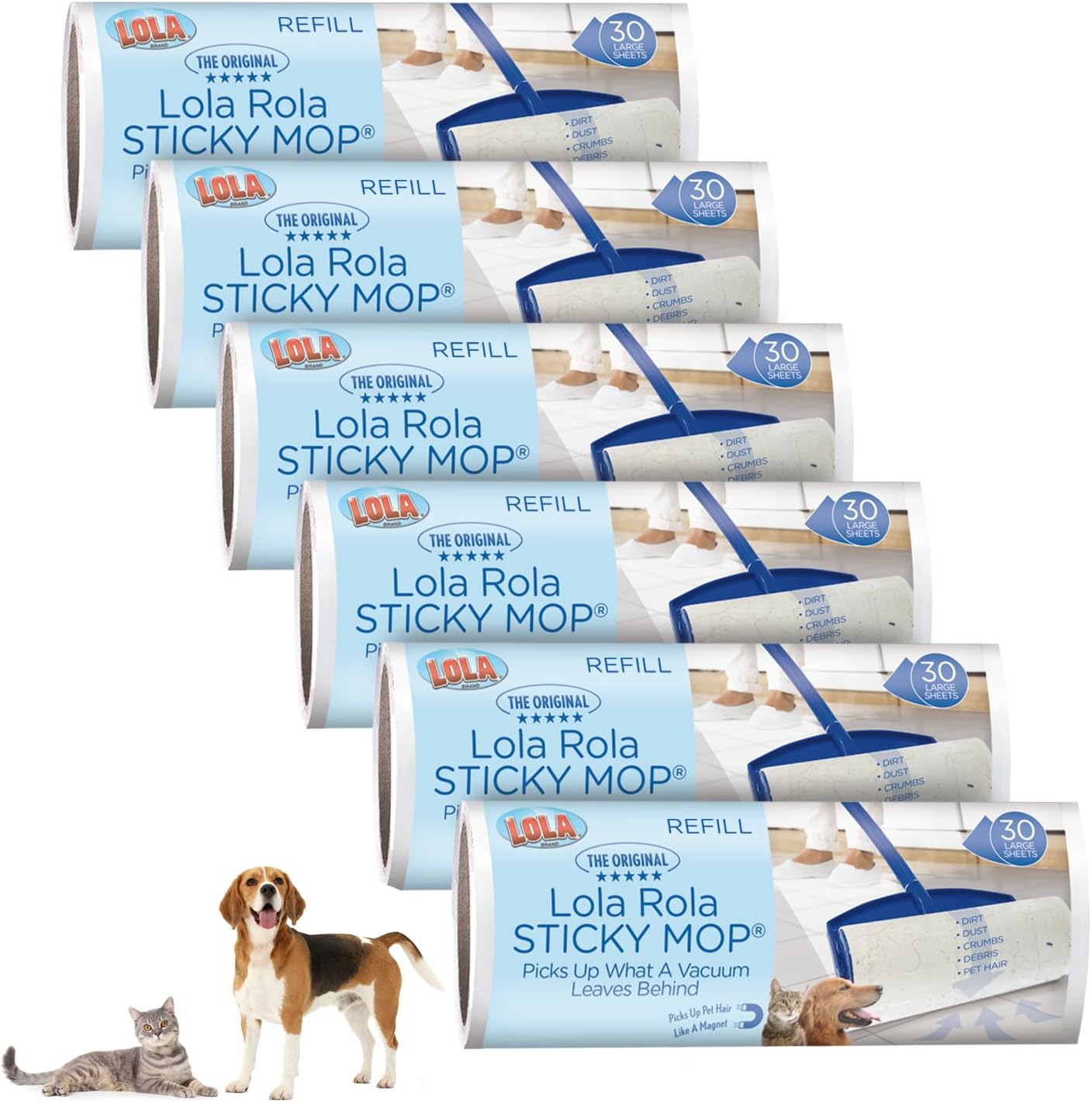 LOLA Rola PET Hair Remover Sticky Mop, Giant Floor Lint Roller, 9" x 3.5", Aluminum Handle, Largest Head, Traps Hair, Dust, Dirt, Extra Sticky Sheets